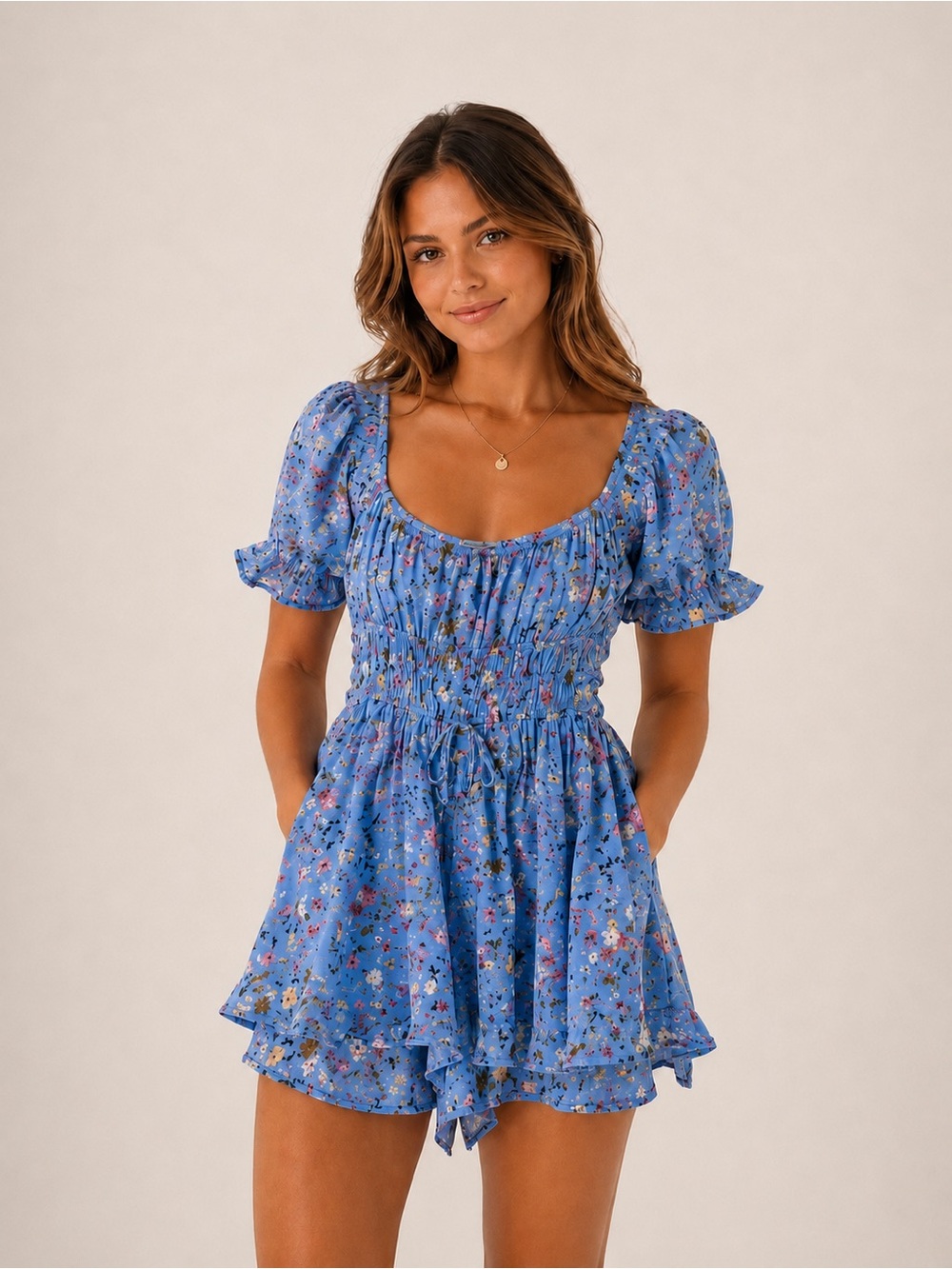 Derek heart Blue Floral Puff Sleeve Romper Dress Size S NWT
